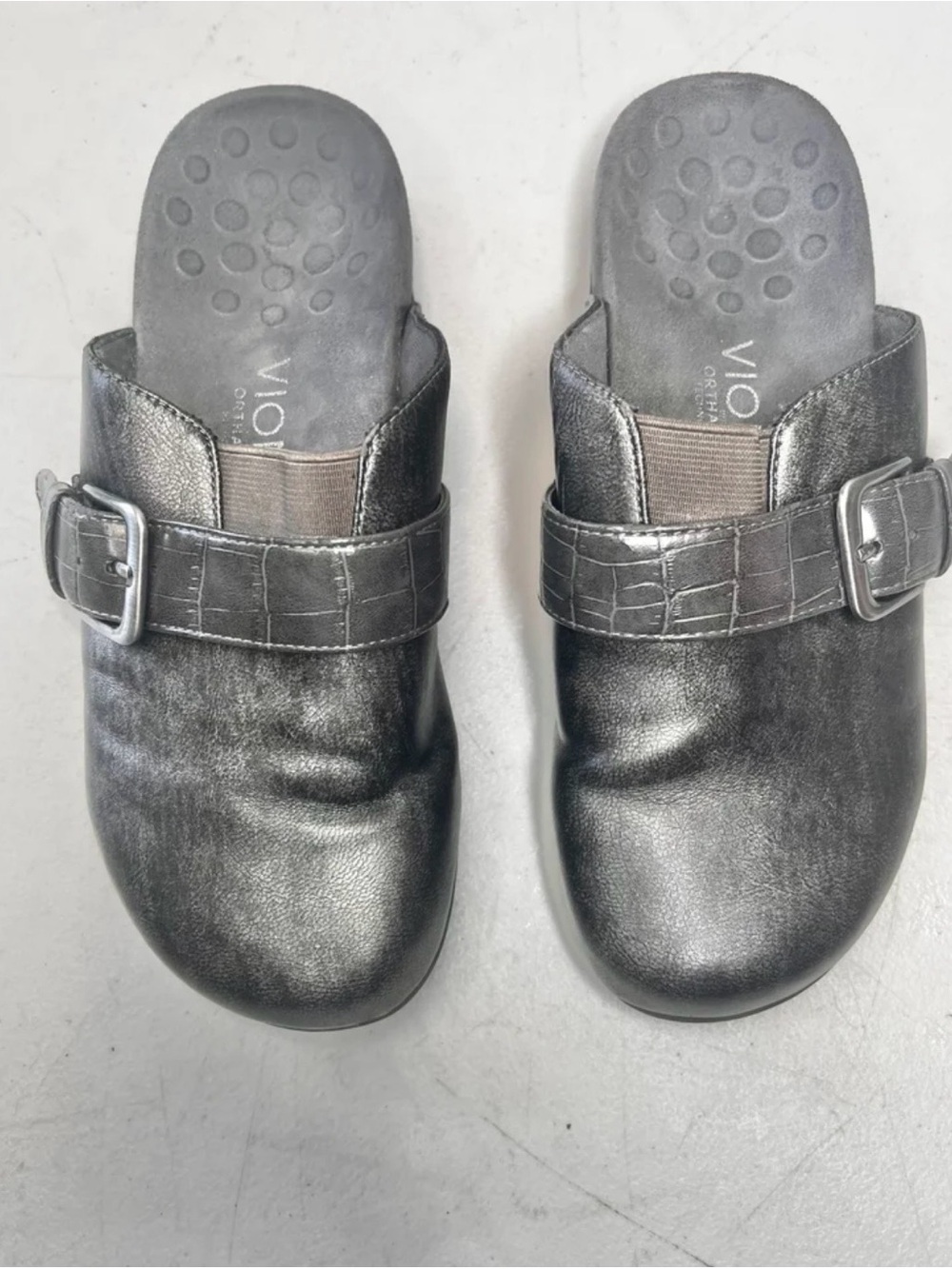 Vionic orthaheel martha buckle strap metallic vegan leather slip on mules size 6
